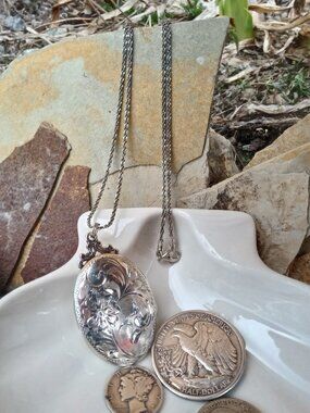 Large Vintage Birks Etched Sterling Locket